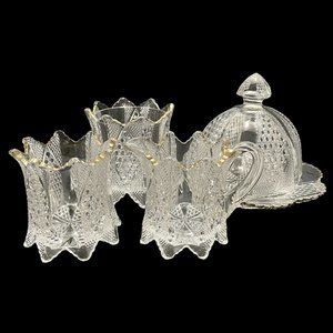 Antique 1896 Carmen by Fostoria 575 Panelled Diamond 4 Pcs Table Set EAPG Rare